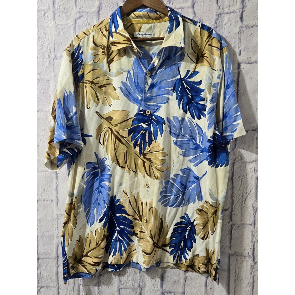 Tommy Bahama Mens XL Silk Hawaiian Shirt Blue Gold Leaf Print Short Sleeve